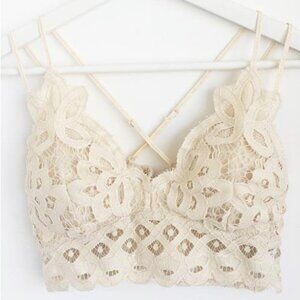 Crochet Lace Bralette Removable Pads Cross Back Adjustable Strap Wirefree CREAM